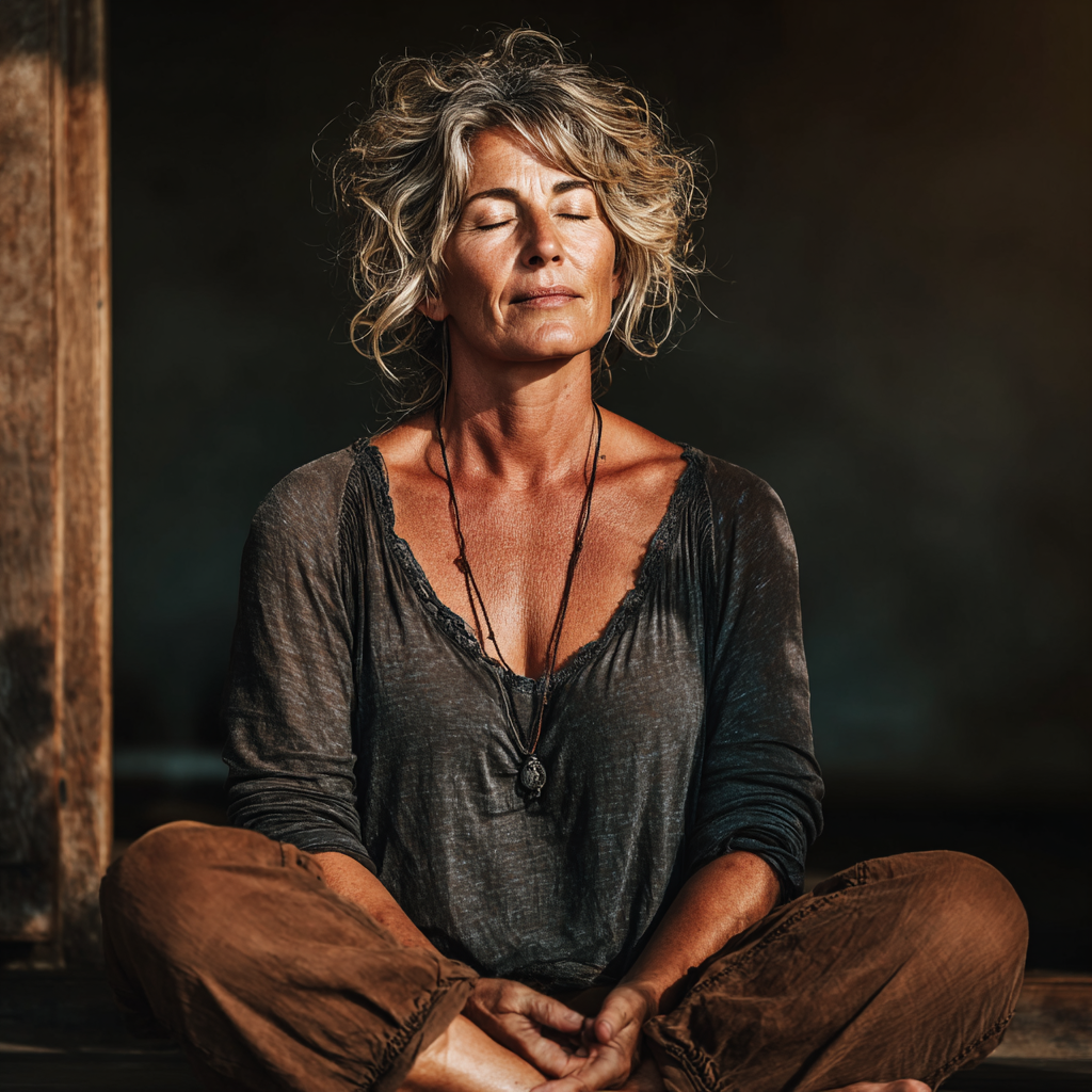 Relaxed mature woman in comfortable clothing sitting cross-legged in meditation pose with peaceful expression in natural lighting